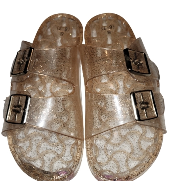 Jelly Sandals womens Slip On Shoes Rose Gold Strap Buckles Glitter 6-7 - Picture 1 of 7